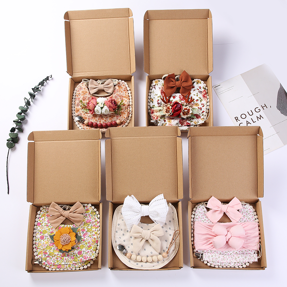 Baby Food Set - 4Pcs/Set Flower Print Baby Bib Headband