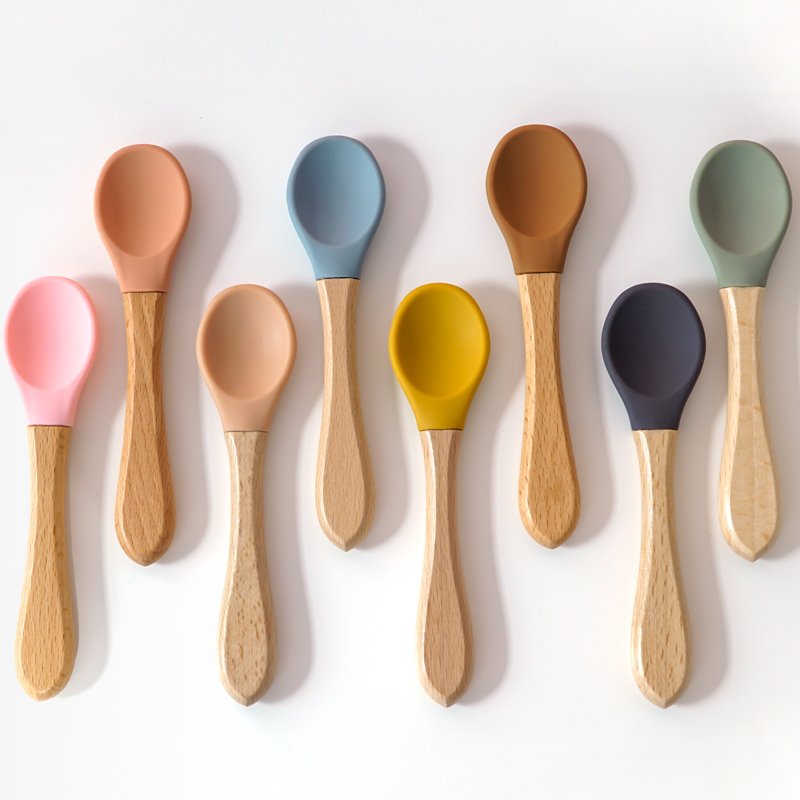 Baby Food Utensils - Feeding Wooden Handle Silicone Spoon For